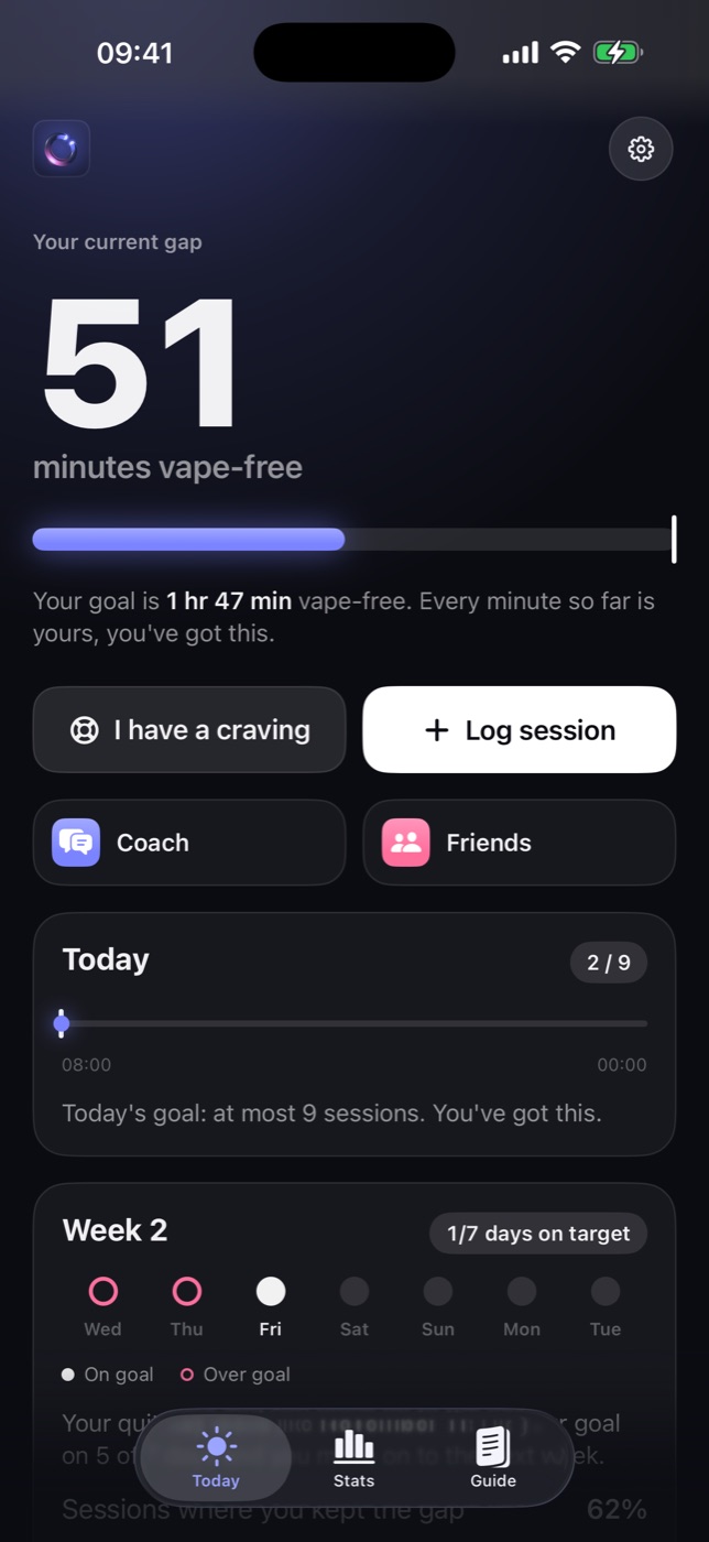Puffgap home screen: 51 minutes vape-free, goal 1 hour 47 minutes